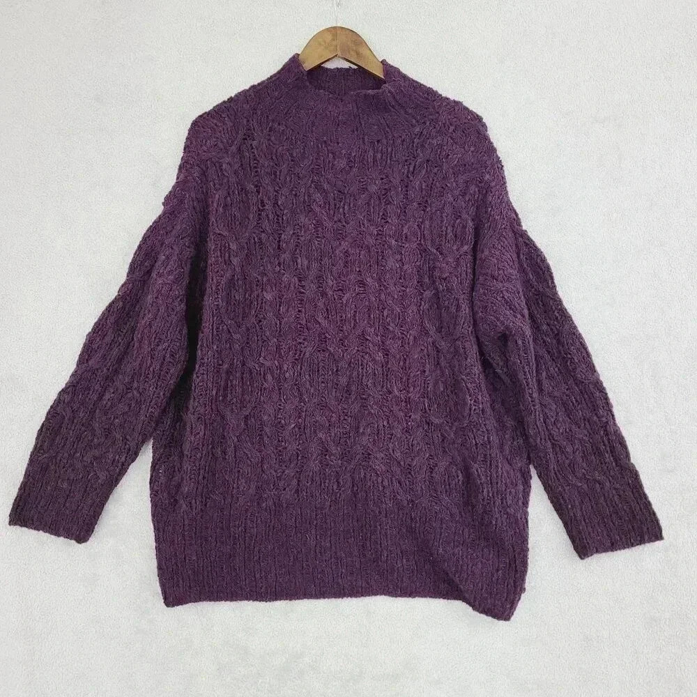 Anne Klein A Line Purple Cable Knit Sweater Acrylic Wool Blend L  11PT